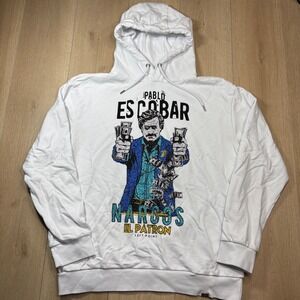 Left Point Narcos El Patron Pablo Escobar Rhinestone Hoodie White Sweatshirt XL